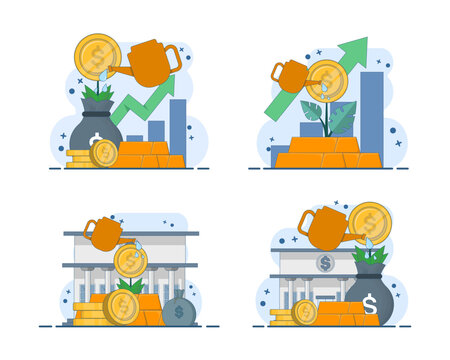 Gold investment illustration set featuring bullion bars, wealth growth, market analysis, financial assets, investment returns, precious metals, savings strategies and economic opportunities.
