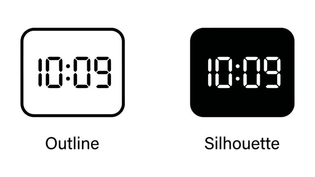 Digital Clock Time Display: Two digital clock faces displaying 10:09, one as an outline and the other as a silhouette, representing modern timekeeping and digital interfaces.