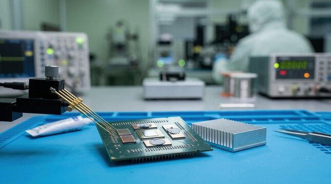 AI semiconductor chiplet package on interposer with solder bumps, thermal interface material, probe needles, and miniature heat sink on a clean bench.