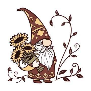 Autumn garden gnome vector illustration, whimsical bearded dwarf holding sunflower bouquet, rustic fall harvest character with floral vines