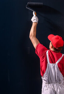Professional painter painting wall with roller, home renovation and interior decoration