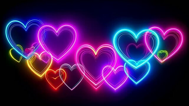 Neon Heart Shapes Glowing on Black Background Vibrant Colorful Light Patterns For Romantic Love Celebration And Digital Art Design