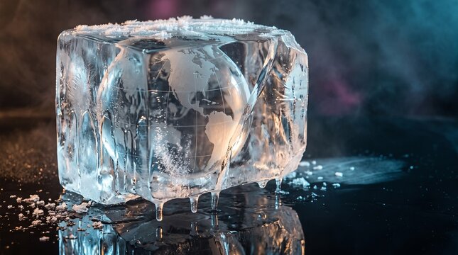 Glass globe of the americas frozen inside a fractured clear ice block with icicles meltwater rivulets and a suspended drip on a dark surface, representing climate change and icy winter concept
