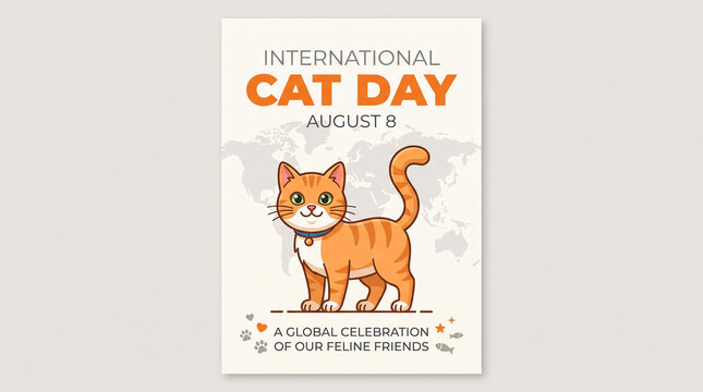 Cute cartoon orange cat with collar standing proudly on world map background celebrating International Cat Day August 8 symbolizing global love and appreciation for felines  generative ai