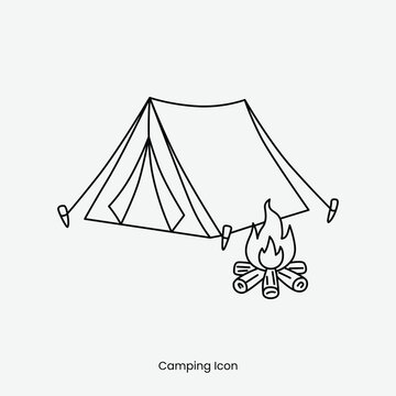 Tent and Campfire Camping Illustration Outline