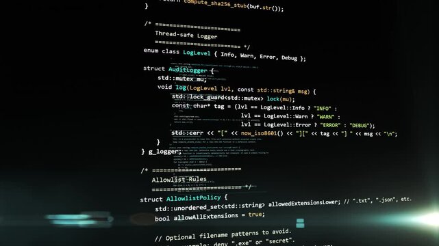 Fast writing software code c++ for cybersecurity application. Long language walls in 3D animation