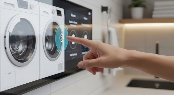 Close-up of a hand interacting with a smart home control panel to manage household appliances