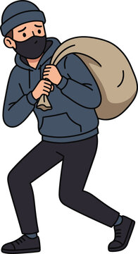 Illustration of a masked thief carrying a large sack while running, representing burglary, theft, robbery, crime, and criminal activity.