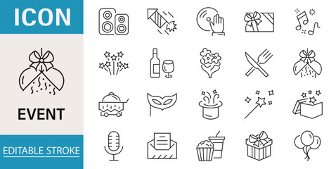 Fototapeta premium Event planning set of web icons in linear style. Event and celebration icons set. Containing decorations, venue, event planner, registration, entertainment, catering, invitations, coordination. Vector