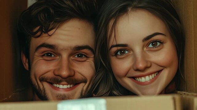 Young couple smiles warmly from behind a cardboard box. Their faces peek out with bright, joyful expressions. Natural lighting highlights their friendly, cheerful features