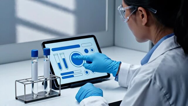 Researcher performing water quality assessment with a digital tablet in a contemporary lab setting