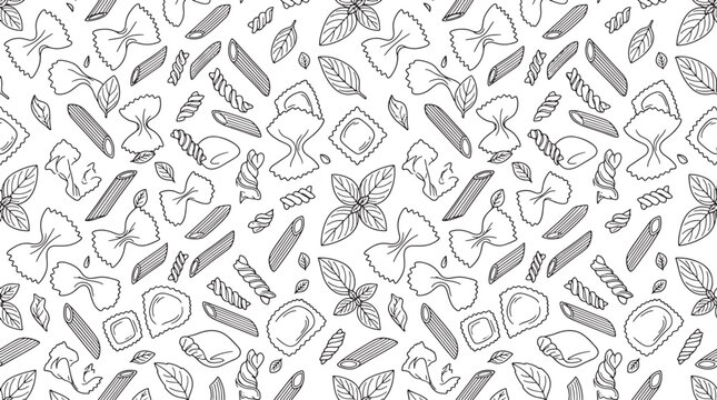 Hand drawn pasta and basil leaves pattern background in black and white sketch style for culinary design