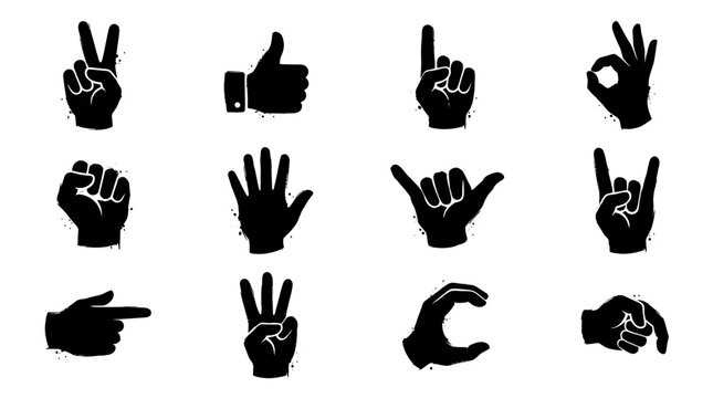 Collection of diverse hand gestures in silhouette form, showcasing various human expressions and communication signs.