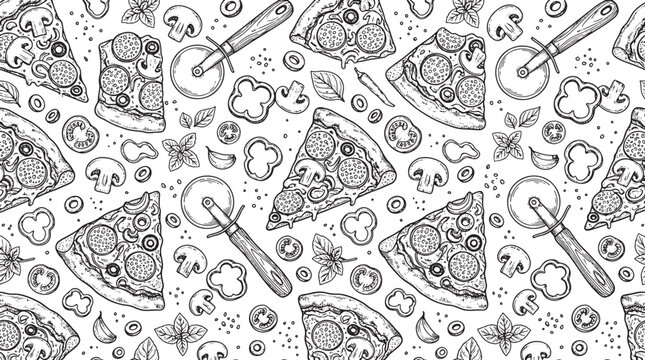 Hand drawn pizza slices and ingredients seamless pattern background in black and white sketch style illustration