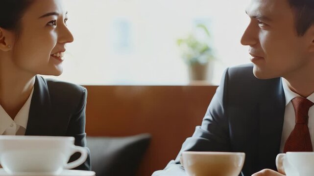 Two people engaged in conversation over coffee