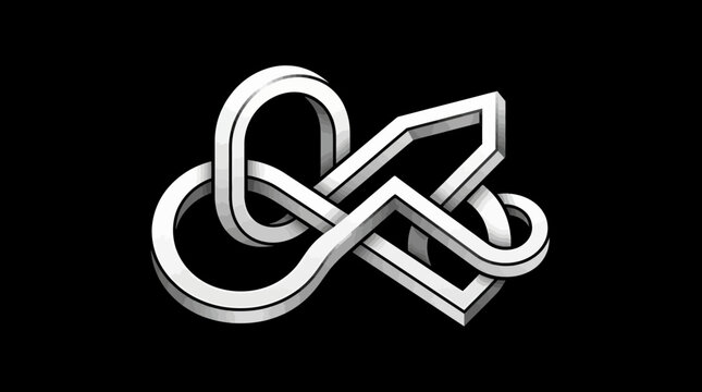 3D metallic infinity knot logo on black background.