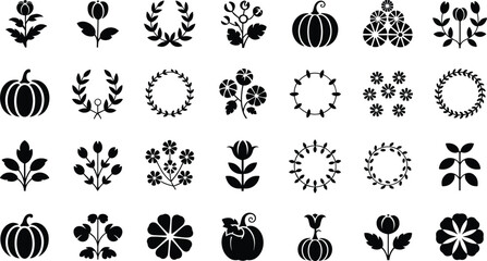Folk floral design elements set black silhouette botanical vector graphics for greeting cards art © Fensi