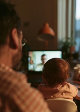 Man and a child sitting at a desk in front of a computer monitor. the man is on the left side of the image, wearing a striped shirt and glasses.