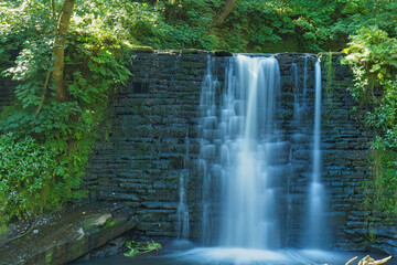 A tranquil waterfall cascades over a textured stone wall, surrounded by vibrant green foliage - Ashworth Valley, Rochdale, UK © Robert