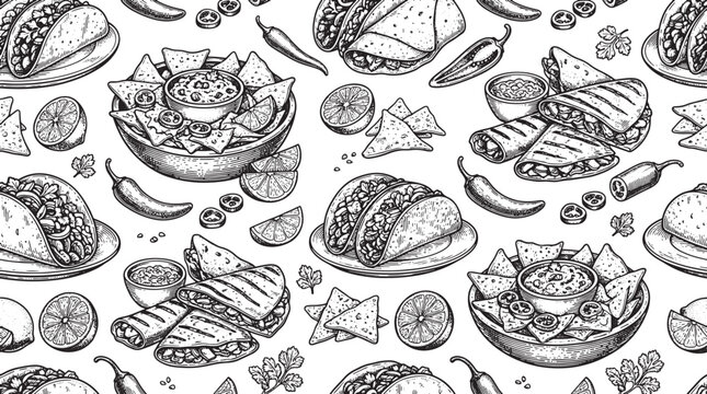 Mexican food seamless pattern with tacos nachos quesadillas and chili peppers in hand drawn sketch style