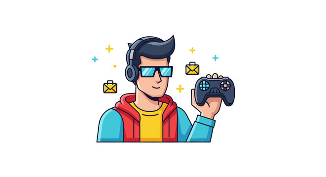 Young gamer wearing headset and glasses.