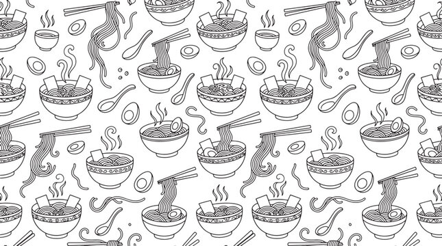 Seamless pattern of hand drawn ramen noodle bowls with chopsticks and eggs in black and white line