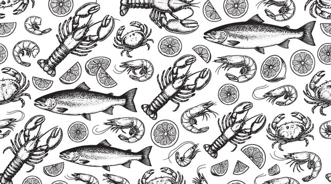Seafood pattern with hand drawn fish lobster crab shrimp and lemon slices in vintage engraving style