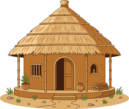 A simple vector illustration of a traditional round mud hut with a thatched roof, wooden door, window, and surrounding greenery. Ideal for rural, village, culture, architecture, and educational design