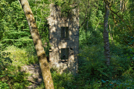 A moss-covered stone ruin with two window openings stands amidst dense green forest foliage and trees, dappled in sunlight - Ashworth Valley, Rochdale, UK