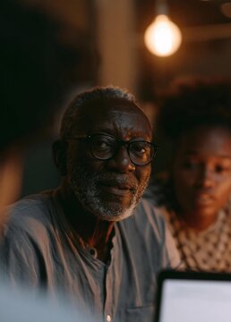 Close-up portrait of an elderly african-american man with a beard and glasses. he is sitting in front of a laptop computer and appears to be working on a project.
