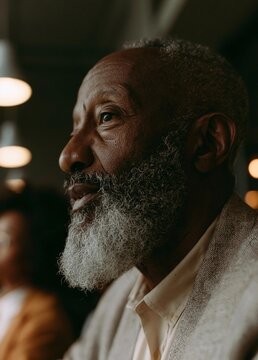 Close-up portrait of an african-american man with a long white beard and mustache. he is looking off to the side with a thoughtful expression on his face.