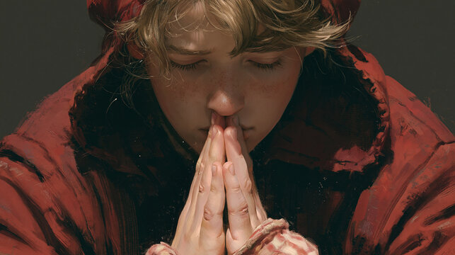 A digital art illustration of a blonde person in a red hooded cloak with hands clasped together in prayer or meditation, eyes closed.