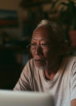 Close-up portrait of an elderly asian man with white hair and glasses. he is sitting in front of a laptop computer and appears to be focused on the screen.