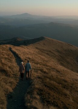 Elderly couple walking on a trail in a hilly landscape. the trail is made of dirt and is surrounded by dry grass and shrubs.