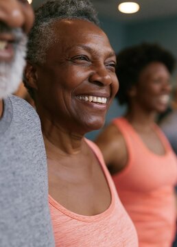 Close-up of an elderly african-american woman's face, smiling widely and laughing. she appears to be in a gym or fitness class, as there are other people in the background.
