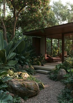 Beautiful garden with a gravel path leading to a wooden gazebo. the garden is filled with various plants and trees, including large rocks and ferns.