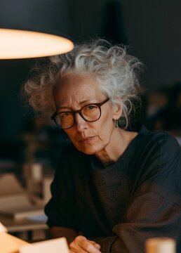 Portrait of an elderly woman with curly white hair and glasses. she is sitting at a table with a lamp in front of her and appears to be deep in thought.