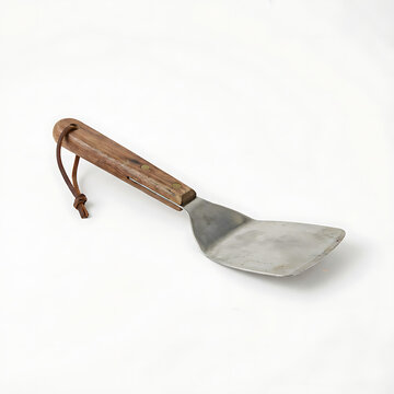 A rustic metal spatula with a wooden handle and leather loop on a white background.