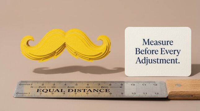 Yellow paper mustache sits above a ruler with a white card stating Measure Before Every Adjustment on a beige background, perfect for grooming industry concepts and business precision project tasks.