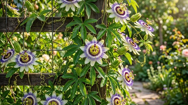 Blooming passion fruit vine with exotic flowers for tropical gardens, pollination, botanical collections and sustainable farming concepts