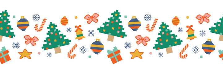 Fototapeta premium Seamless Christmas border. Christmas pixel art: Christmas tree, bell, and tree ornaments. Perfect for greeting cards, backgrounds, fabric, and packaging.