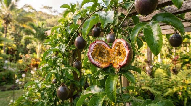 Passion fruit vine with ripe and split fruits showing fresh pulp for tropical agriculture, healthy nutrition and botanical concepts