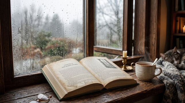 Cozy reading nook with open book by rainy window beside coffee mug candle and sleeping cat symbolizing relaxation comfort and peaceful autumn home atmosphere  generative ai