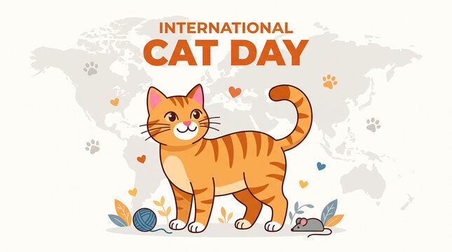Cute cartoon orange tabby cat celebrating International Cat Day with playful elements and world map background symbolizing global love for pets and feline companionship  generative ai