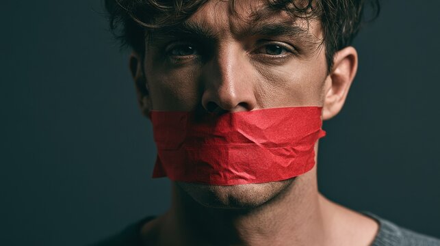 Close-up portrait of young man with red tape covering mouth symbolizing silence restriction censorship or inability to speak in dim light background