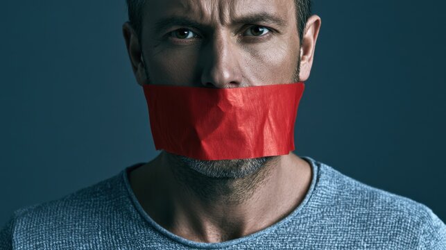 Close up of serious mature man with red tape covering mouth symbolizing silence restriction censorship and lack of freedom of expression on dark background