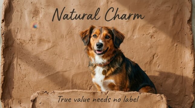 Charming mixed breed dog with brown fur sitting calmly against a rustic clay wall background with text saying natural charm and true value needs no label to highlight authentic pet beauty in sunshine.