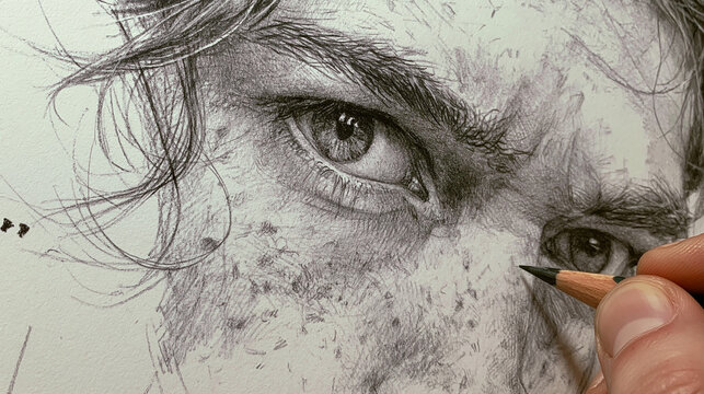 A close-up shot of an artist's hand using a pencil to add final, fine details to a highly realistic, textured pencil portrait drawing of a person's face.
