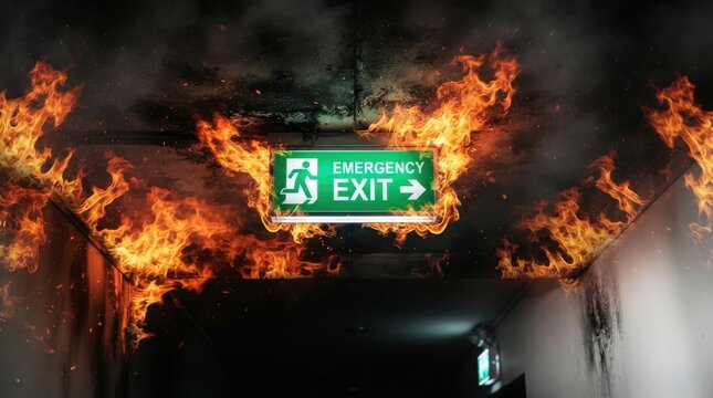 Emergency exit sign engulfed in flames and smoke in a corridor
