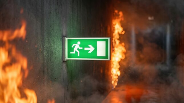 Emergency exit sign on a wall with fire and smoke in the background